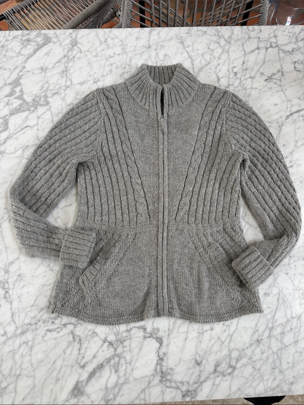Classic Zip-Front Cable Knit Cardigan Sweater - Gray